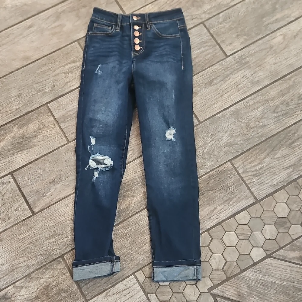 No Boundaries Dark Blue Distressed Boyfriend Jeans Size 1 - Picture 1 of 4
